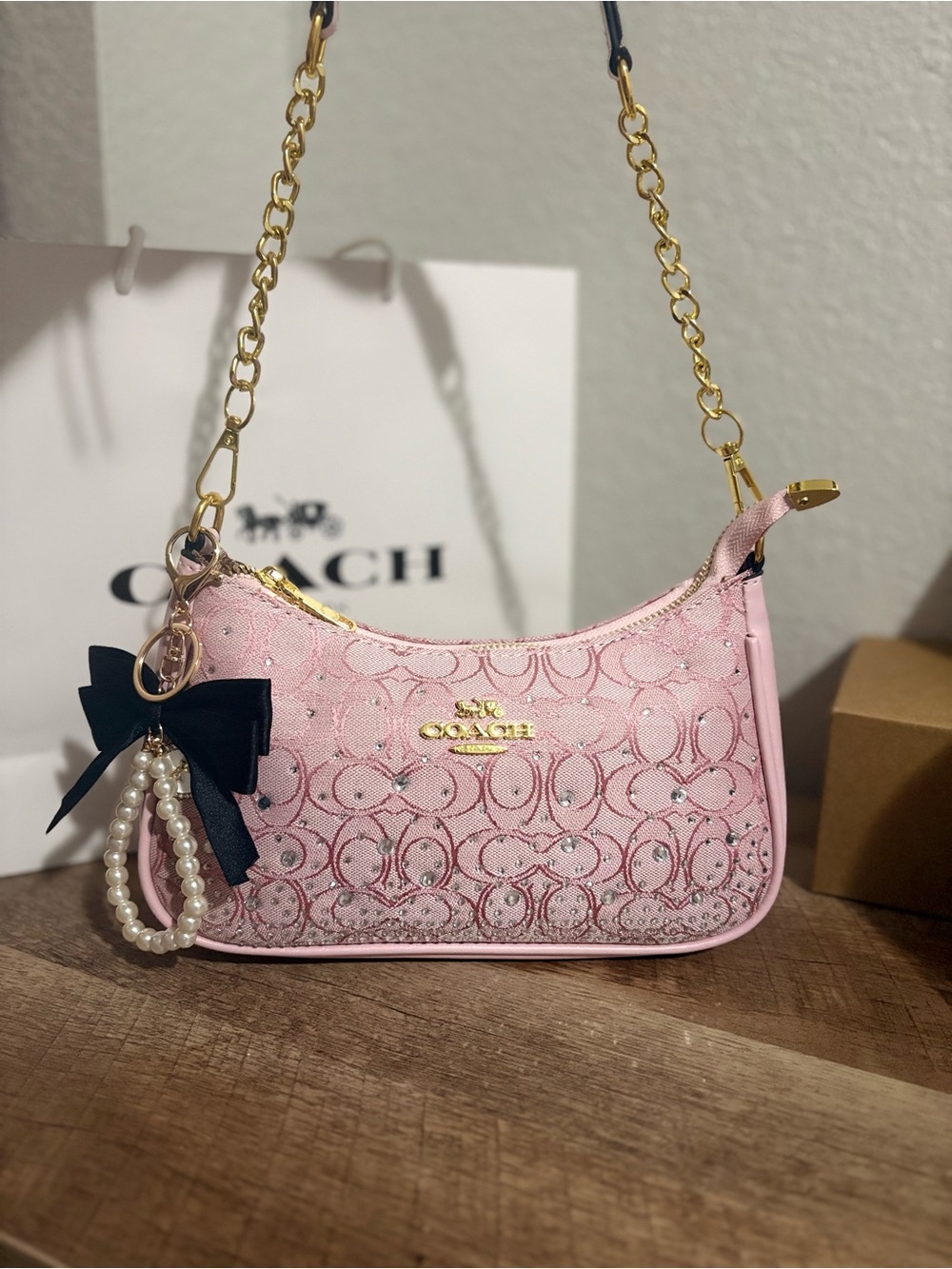 Coach Pink Signature Mini Shoulder Bag with Pearl Charm